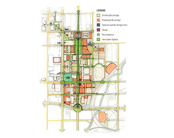 artist drawing of drury campus highlighting new roads and transportation features around campus.