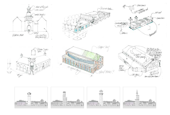 artist drawings of various drury buildings showing proposed architectural interventions including a hierarchy of gateways, bridges and towers.