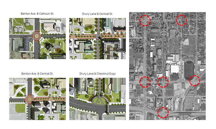 a map of main drury intersections showing “node” with hardscape, landscape, wayfinding and architecture.