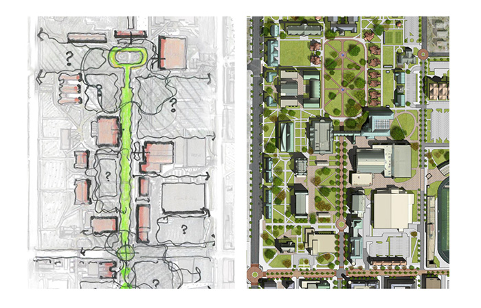 campus map showing the transformation of drury lane as the new backbone of campus.