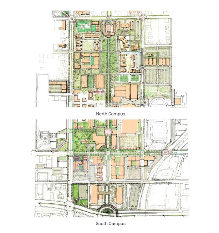 artist rendering of campus map showing how the north and south ends of campus can be united.