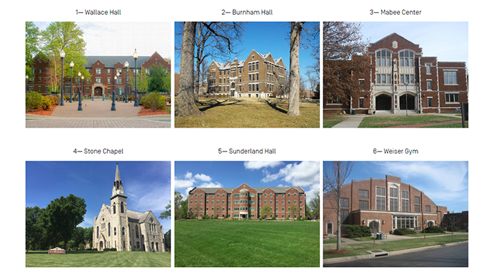 photos describing drury's current architecture including stone chapel, sunderland hall, wallace hall, and burnham hall.