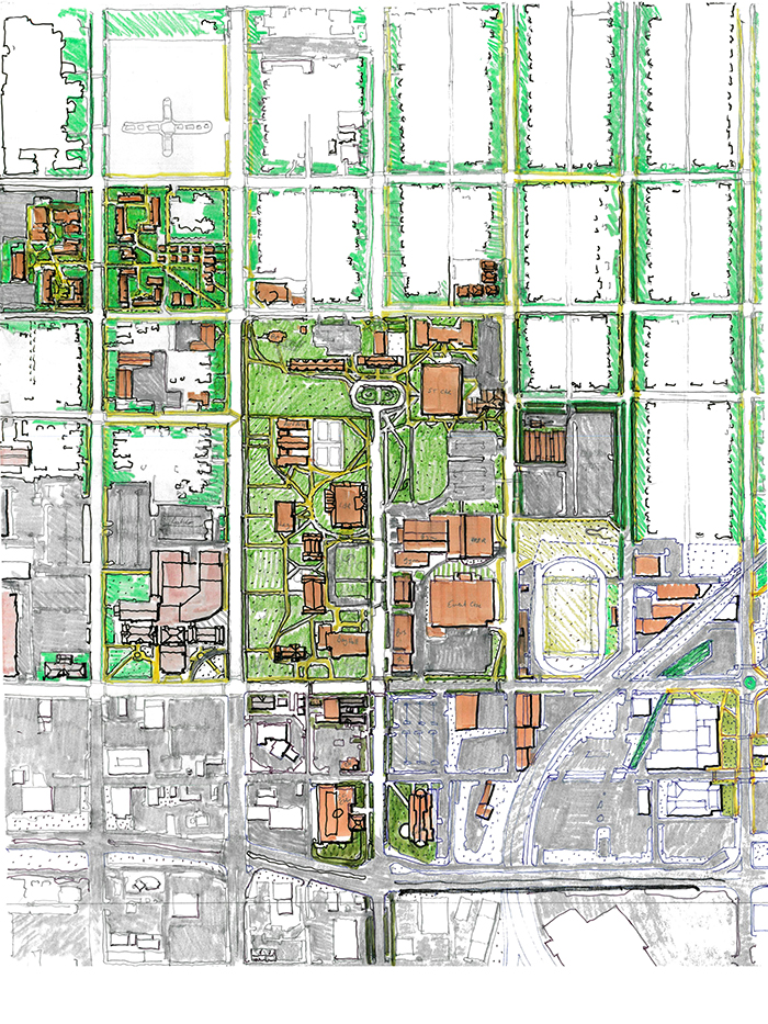 artist drawing showing too much asphalt on the current campus.