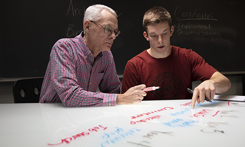 A student getting advised by a professor.