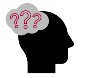 Clip art human head with a cloud bubble of question marks.