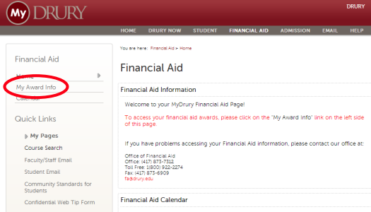 Screenshot of the Financial Aid tab of MyDrury with ACCESS Financial Aid Data highlighted in red.