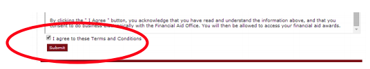 Screenshot of the Financial Aid tab of MyDrury with the Terms and Conditions checkbox circled in red.