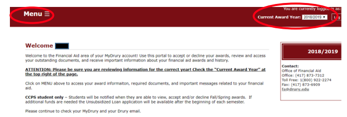 Screenshot of the Financial Aid tab of MyDrury with the Terms and Conditions checkbox circled in red.