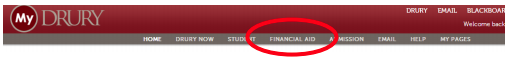 Screenshot of MyDrury with the Financial Aid tab circled in red.
