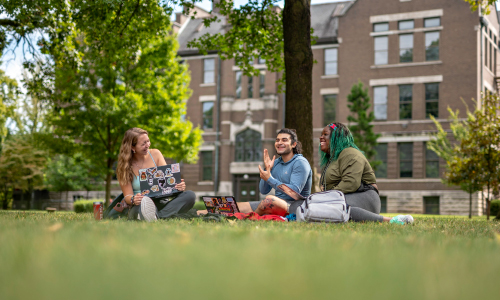 Students sitting on the lawn.