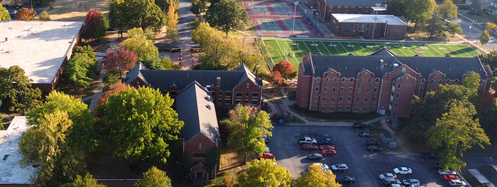 Aerial drone view of Drury University's campus