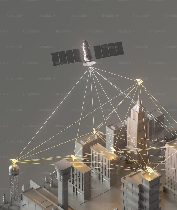 Satellite beaming signals to a city