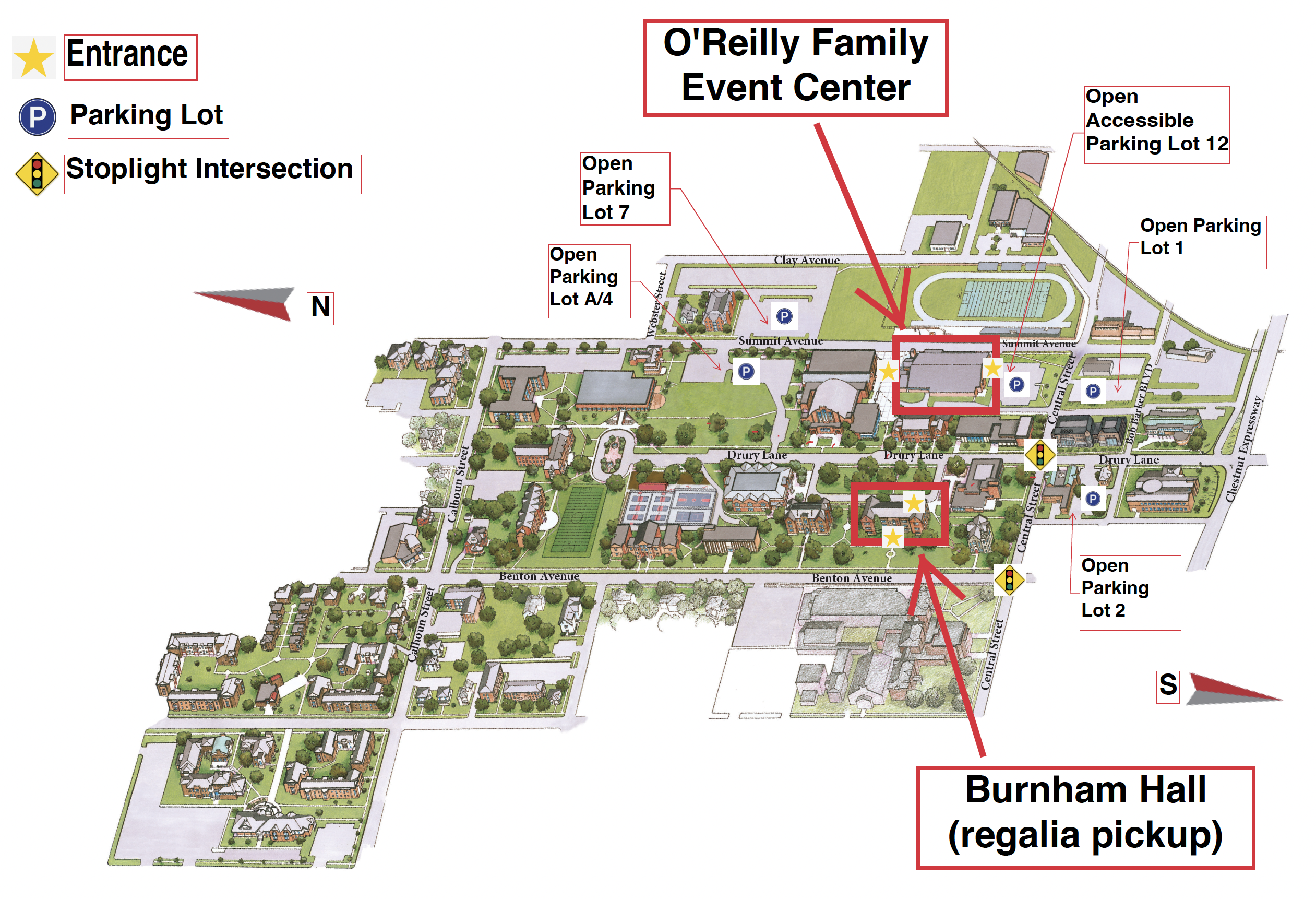 A campus commencement map illustrating locations and parking lots.