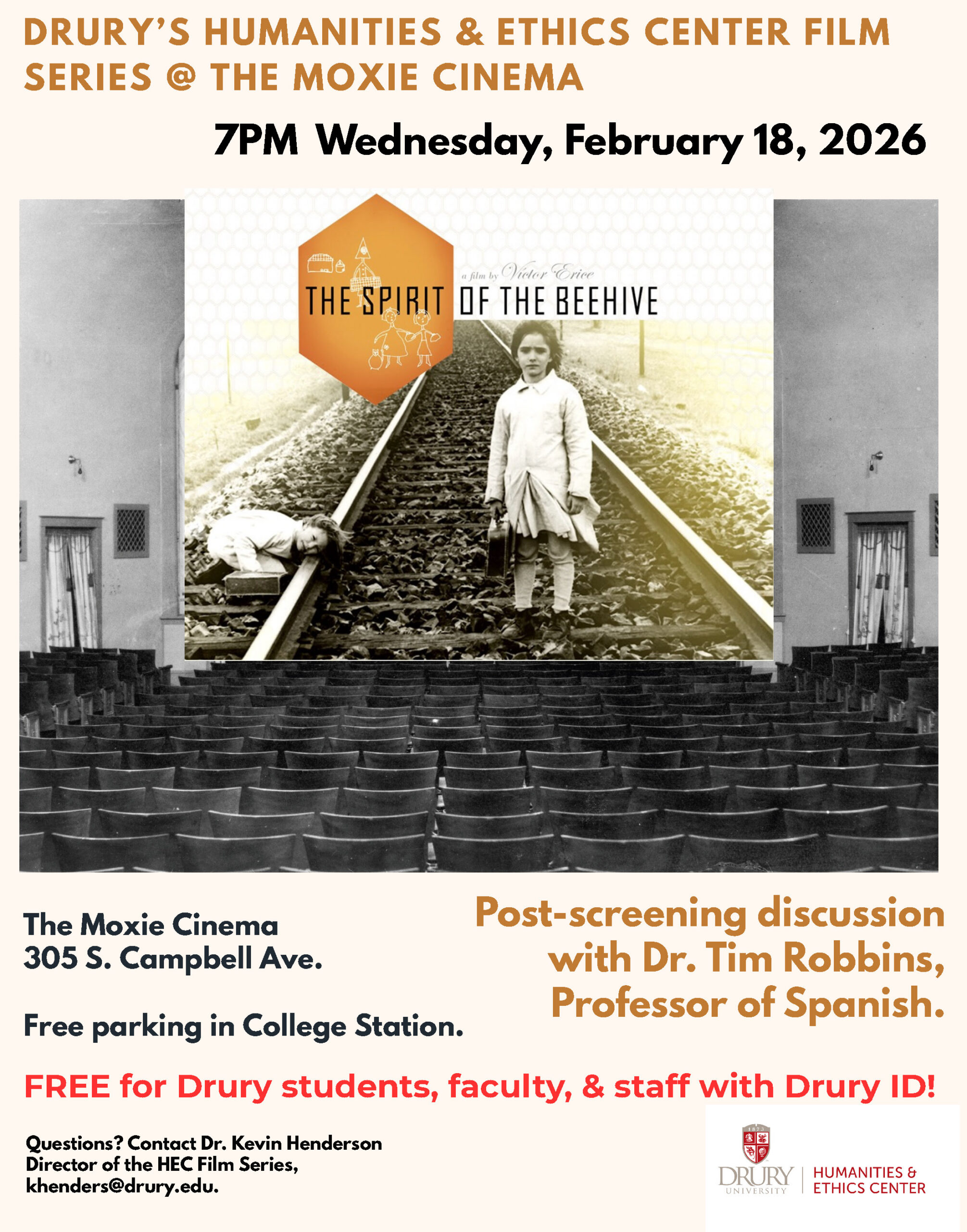 A film poster advertising the 2026 Film Series through the Humanities and Ethics Center at Drury University