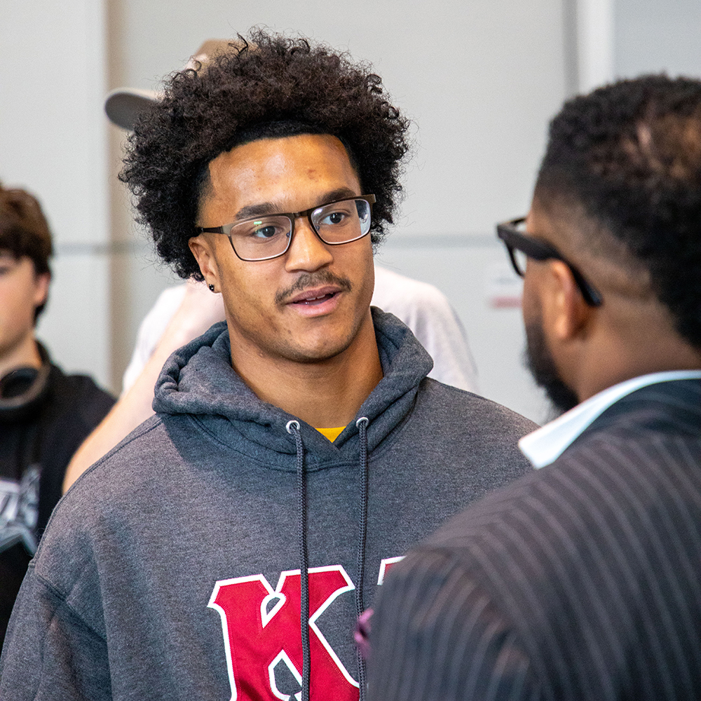 african american male student interacting with Brandon Fleming, the keynote speaker for Drury Fusion Day 2026.